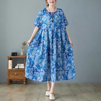 DIMANAF Женское платье больших размеров 2024, новое летнее стильное платье с круглым вырезом и цветочным принтом, зеленое льняное базовое платье 7265