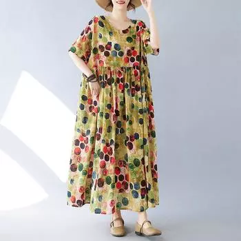 DIMANAF Женское платье больших размеров 2024, новое летнее стильное платье с круглым вырезом и цветочным принтом, зеленое льняное базовое платье 1092 One Size