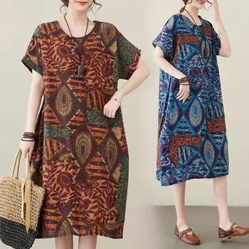 DIMANAF Женское платье больших размеров 2024, новое летнее стильное платье с круглым вырезом и цветочным принтом, зеленое льняное базовое платье 315 One Size