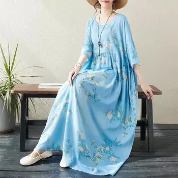 DIMANAF, женское платье больших размеров, новинка 2024 года, летнее стильное платье, свободное платье с круглым вырезом и цветочным принтом, зеленые льняные базовые синие платья 8822
