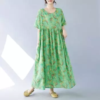 DIMANAF Женское платье больших размеров 2024, новое летнее стильное платье с круглым вырезом и цветочным принтом, зеленое льняное базовое платье 1095