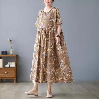 DIMANAF Женское платье больших размеров 2024, новое летнее стильное платье с круглым вырезом и цветочным принтом, зеленое льняное базовое платье 7268