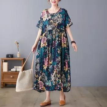 DIMANAF Женское платье больших размеров 2024, новое летнее стильное платье с круглым вырезом и цветочным принтом, зеленое льняное базовое платье 7270