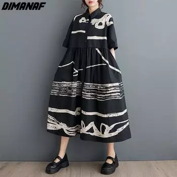 DIMANAF Женское платье больших размеров 2024, новое летнее модное платье с принтом, длинное свободное платье, винтажное повседневное базовое стильное черное платье