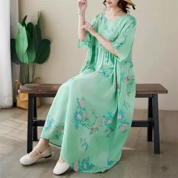 DIMANAF Женское платье больших размеров 2024, новое летнее стильное платье с круглым вырезом и цветочным принтом, зеленое льняное базовое платье 5026