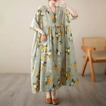 DIMANAF Женское платье больших размеров 2024, новое летнее стильное платье с круглым вырезом и цветочным принтом, зеленое льняное базовое платье 5041