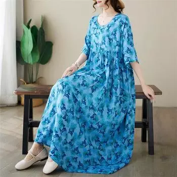 DIMANAF Женское платье больших размеров 2024, новое летнее стильное платье с круглым вырезом и цветочным принтом, зеленое льняное базовое платье 5021