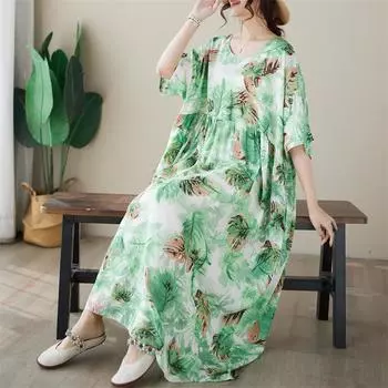 DIMANAF Женское платье больших размеров 2024, новое летнее стильное платье с круглым вырезом и цветочным принтом, зеленое льняное базовое платье 5027