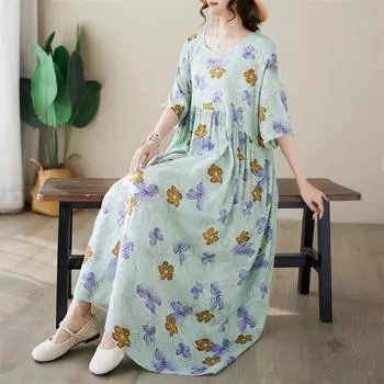 DIMANAF Женское платье больших размеров 2024, новое летнее стильное платье с круглым вырезом и цветочным принтом, зеленое льняное базовое платье 5025