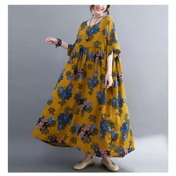 DIMANAF женское платье больших размеров 2024, новое летнее стильное платье с круглым вырезом и цветочным принтом, зеленое льняное базовое платье 8811