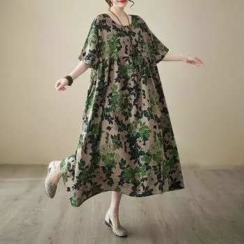 DIMANAF Женское платье больших размеров 2024, новое летнее стильное платье с круглым вырезом и цветочным принтом, зеленое льняное базовое платье 5049
