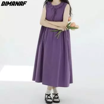 Dimanaf Женское платье больших размеров, новинка 2024 года, летнее однотонное льняное свободное пляжное платье без рукавов, фиолетовые длинные платья