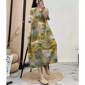 DIMANAF Женское платье больших размеров 2024, новое летнее стильное платье с v-образным вырезом и цветочным принтом, свободное льняное базовое платье 06