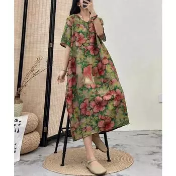 DIMANAF женское платье больших размеров 2024, новое летнее стильное платье с v-образным вырезом и цветочным принтом, свободное льняное базовое платье 07