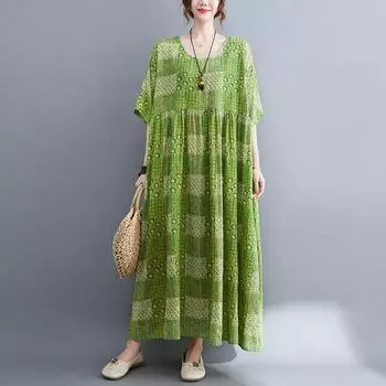 DIMANAF Женское платье больших размеров 2024, новое летнее стильное платье с круглым вырезом и цветочным принтом, зеленое льняное базовое платье 5043