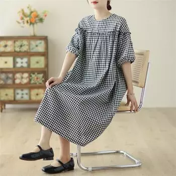 DIMANAF женское платье больших размеров, новинка 2024 года, милое летнее клетчатое длинное базовое повседневное винтажное платье больших размеров с круглым вырезом и короткими рукавами