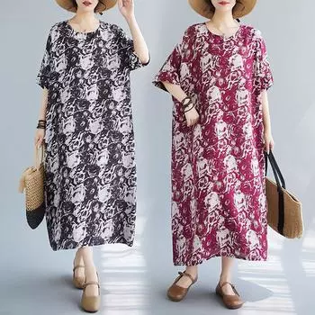 Dimanaf Женское платье больших размеров, новинка 2024 года, летнее длинное платье с круглым вырезом и цветочным принтом, свободный стиль, винтажное повседневное платье-рубашка с короткими рукавами