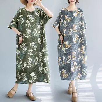 Dimanaf Женское платье больших размеров, новинка 2024 года, летнее длинное базовое платье оверсайз с цветочным принтом, повседневное свободное стильное винтажное платье-рубашка с короткими рукавами
