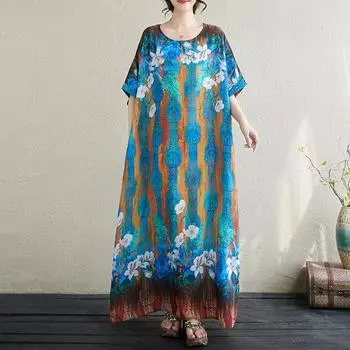 Dimanaf Женское платье больших размеров, лето 2024, базовое повседневное свободное свободное платье с круглым вырезом и цветочным принтом, новое богемное длинное пляжное платье-футболка