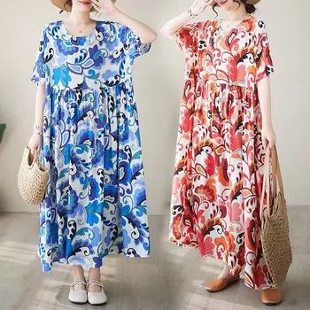 Dimanaf Женское платье больших размеров, новинка 2024 года, летнее длинное базовое платье-футболка оверсайз с круглым вырезом и короткими рукавами в богемном принте