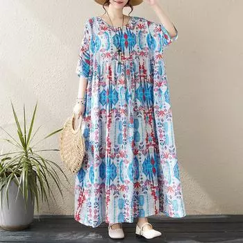 DIMANAF Женское платье больших размеров 2024, новое летнее стильное платье с круглым вырезом и цветочным принтом, зеленое льняное базовое платье 8821