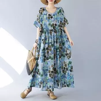 DIMANAF Женское платье больших размеров 2024, новое летнее стильное платье с круглым вырезом и цветочным принтом, зеленое льняное базовое платье 1093 One Size