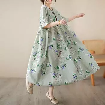 DIMANAF Женское платье больших размеров 2024, новое летнее стильное платье с круглым вырезом и цветочным принтом, зеленое льняное базовое платье 5032