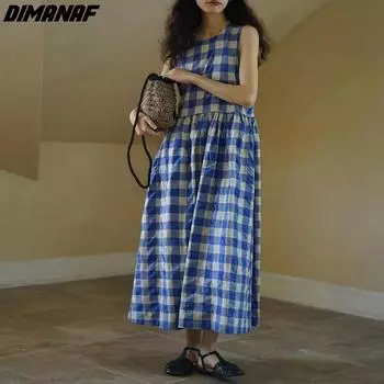 Dimanaf Женское платье больших размеров, новинка 2024 года, летняя мода, пляжное платье в клетку, свободное платье без рукавов с круглым вырезом, длинные платья