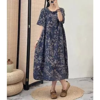 DIMANAF Женское платье больших размеров 2024, новое летнее стильное платье с v-образным вырезом и цветочным принтом, свободное платье, льняные базовые платья
