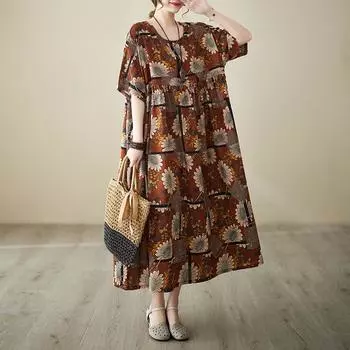 DIMANAF Женское платье больших размеров 2024, новое летнее стильное платье с круглым вырезом и цветочным принтом, зеленое льняное базовое платье 8037