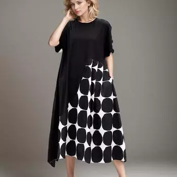 DIMANAF Женское платье больших размеров 2024, новое летнее стильное платье больших размеров в горошек, повседневное базовое длинное черное свободное платье