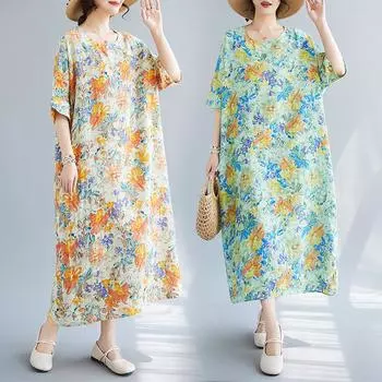 DIMANAF, женское платье больших размеров, новинка 2024 года, летнее длинное свободное хлопковое платье с круглым вырезом и цветочным принтом, элегантное повседневное платье оверсайз с короткими рукавами