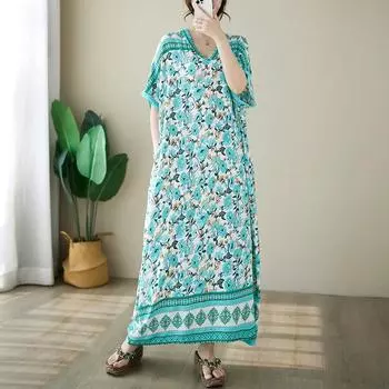Dimanaf Женское платье больших размеров, новинка 2024 года, летнее длинное базовое платье-футболка большого размера с круглым вырезом и короткими рукавами в богемном стиле с цветочным принтом