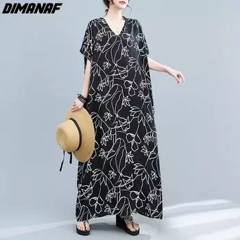 DIMANAF Женское платье больших размеров 2023, новое летнее стильное платье с коротким рукавом и v-образным вырезом, свободное платье с цветочным принтом, льняные черные базовые платья