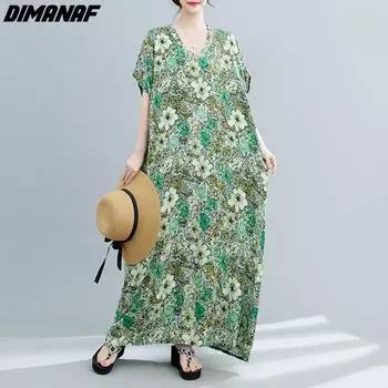DIMANAF Женское платье больших размеров 2023, новое летнее стильное платье с коротким рукавом и v-образным вырезом, свободное платье с цветочным принтом, льняные базовые платья зеленого цвета