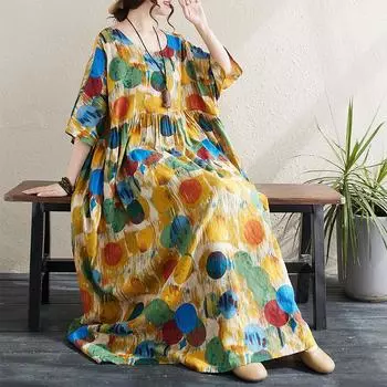 DIMANAF Женское платье больших размеров 2024, новое летнее стильное платье с круглым вырезом и цветочным принтом, зеленое льняное базовое платье 8825