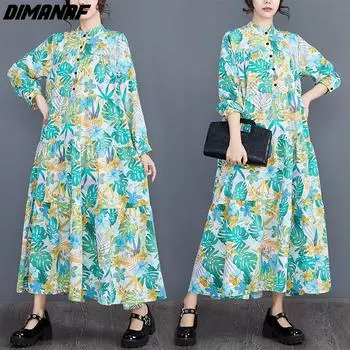 DIMANAF женское платье больших размеров весенне-летнее свободное пляжное платье больших размеров элегантное женское платье с цветочным принтом и длинными рукавами на пуговицах шифоновое платье-рубашка