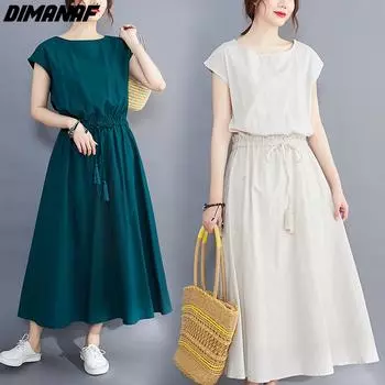 DIMANAF Женское платье больших размеров 2024, новое летнее свободное платье-рубашка, однотонное повседневное платье, винтажное базовое длинное платье большого размера