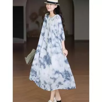 DIMANAF женское платье больших размеров 2024, новое летнее стильное платье с круглым вырезом и цветочным принтом, зеленое льняное базовое платье 8829