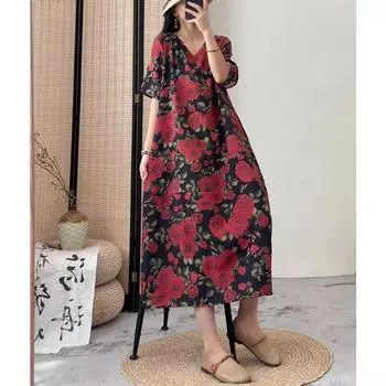 DIMANAF, женское платье больших размеров, новинка 2024 года, летнее стильное платье, свободное платье с v-образным вырезом и цветочным принтом, льняные базовые платья 09