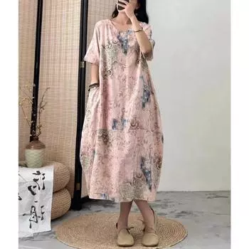 DIMANAF, женское платье больших размеров, новинка 2024 года, летнее стильное платье, свободное платье с v-образным вырезом и цветочным принтом, льняные базовые платья 11