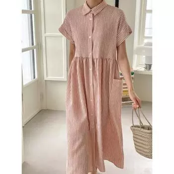 DIMANAF женское платье больших размеров, новинка 2024 года, летнее однотонное хлопковое свободное пляжное платье в полоску с коротким рукавом, длинные платья