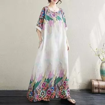 Dimanaf Женское платье больших размеров, лето 2024, богемное длинное базовое повседневное свободное платье-футболка большого размера с круглым вырезом, новое пляжное платье-футболка