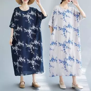 Dimanaf Женское платье больших размеров, новинка 2024 года, летнее длинное свободное платье с круглым вырезом и цветочным принтом, элегантное повседневное платье-рубашка с короткими рукавами большого размера