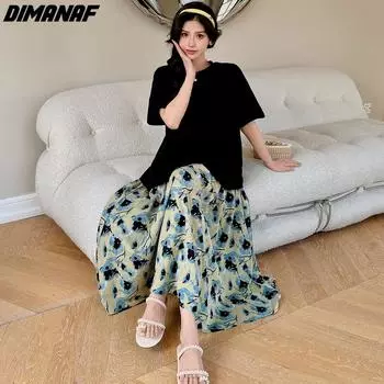 DIMANAF Женское платье больших размеров, новинка 2024 года, летнее длинное хлопковое платье большого размера, повседневное свободное платье с цветочным принтом, платья с короткими рукавами черного цвета