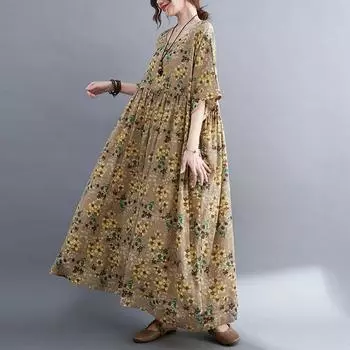 DIMANAF Женское платье больших размеров 2024, новое летнее стильное платье с круглым вырезом и цветочным принтом, зеленое льняное базовое платье 5045