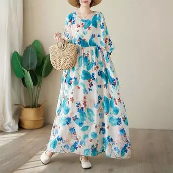 Dimanaf Женское платье больших размеров, новинка 2024 года, летнее длинное базовое синее богемное платье большого размера с цветочным принтом и короткими рукавами