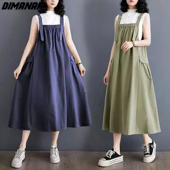 DIMANAF женское платье больших размеров, новинка 2024 года, летнее платье без рукавов, свободное женское платье, однотонные повседневные льняные платья