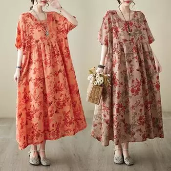 DIMANAF женское платье больших размеров 2024, новое летнее стильное платье с круглым вырезом и цветочным принтом, зеленое льняное базовое платье 5036