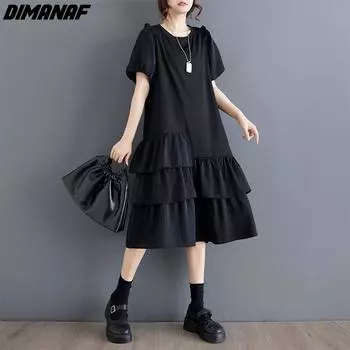 DIMANAF Женское платье больших размеров 2024, новое летнее длинное платье большого размера с оборками и рукавами, повседневное свободное платье, винтажное базовое длинное черное платье